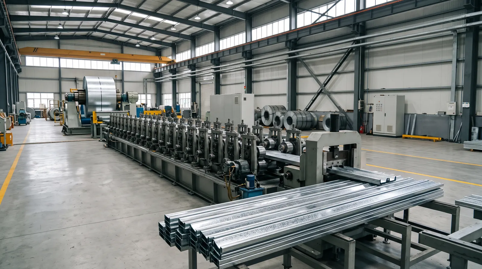 Galvaniz sac bandın merdane istasyonlarından geçtiği roll form üretim hattı