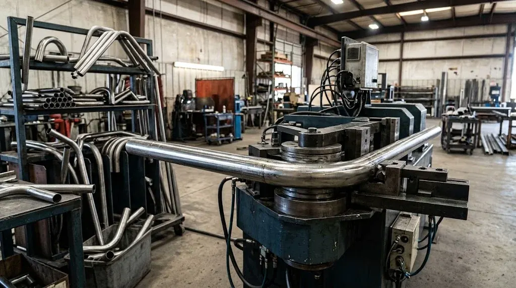 Atölyede çelik boruyu büken CNC boru büküm makinesi