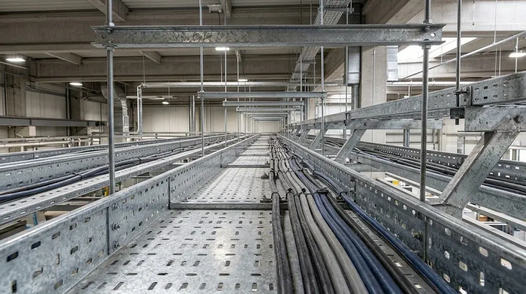 Tesis tavanında kabloları taşıyan delikli galvaniz kablo tavaları