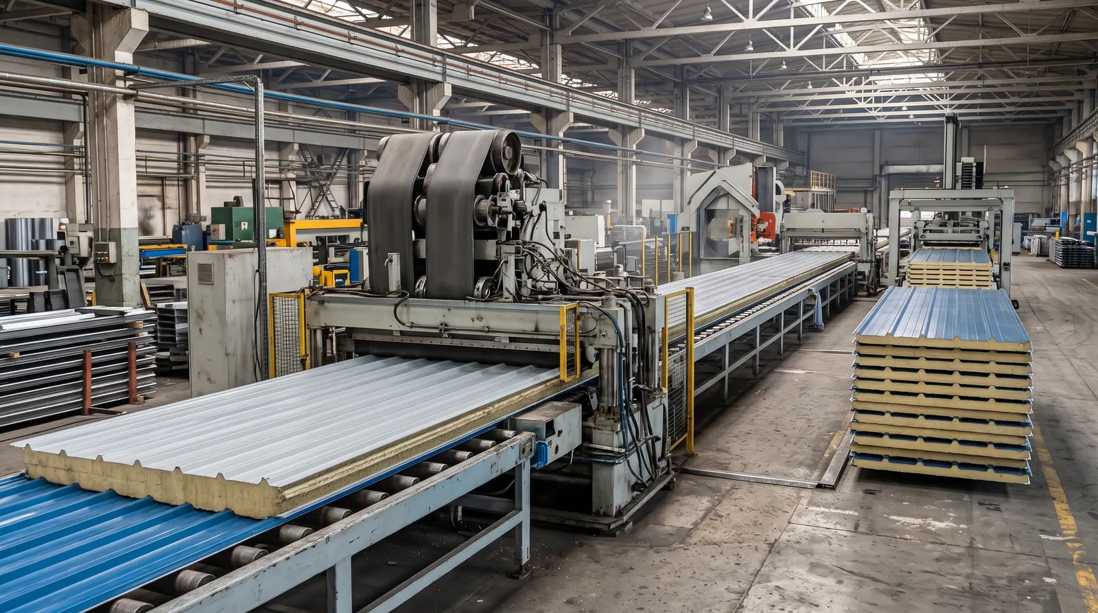 Sürekli sandviç panel üretim hattı ve istiflenmiş paneller
