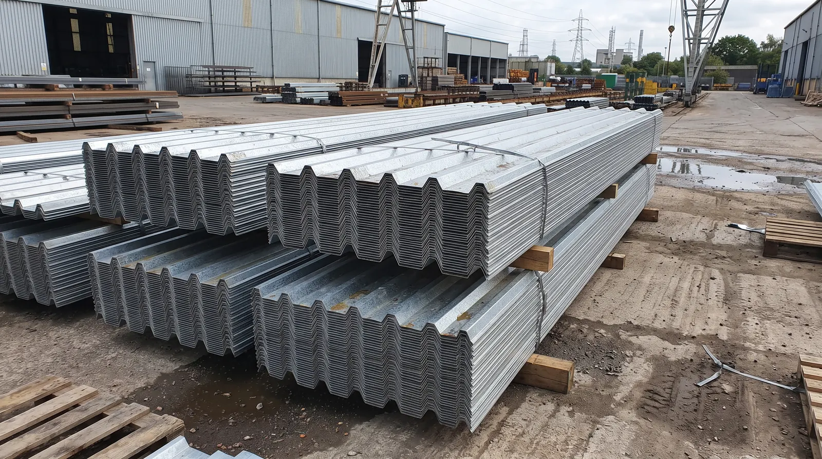 Fabrika sahasında istiflenmiş galvaniz trapez çatı sacları