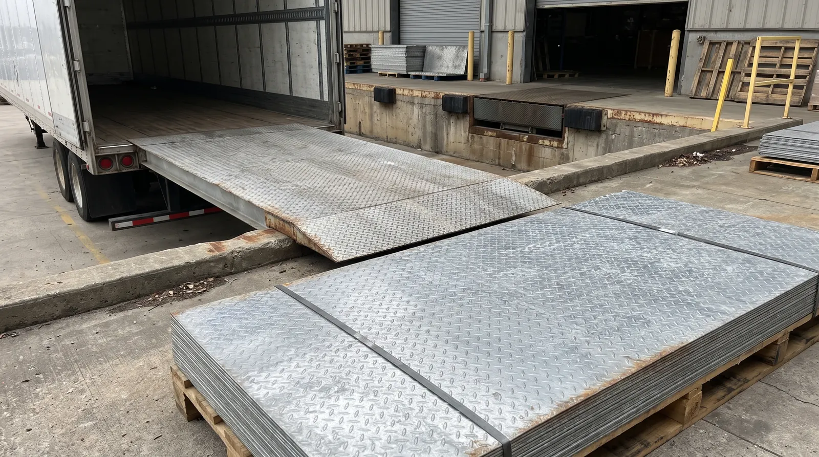 Yükleme rampası olarak kullanılan kaymaz desenli galvaniz rampa sacları